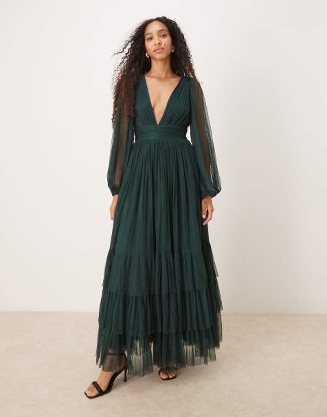 Lace & Beads Bridesmaid long sleeve maxi dress in dark green - view 1