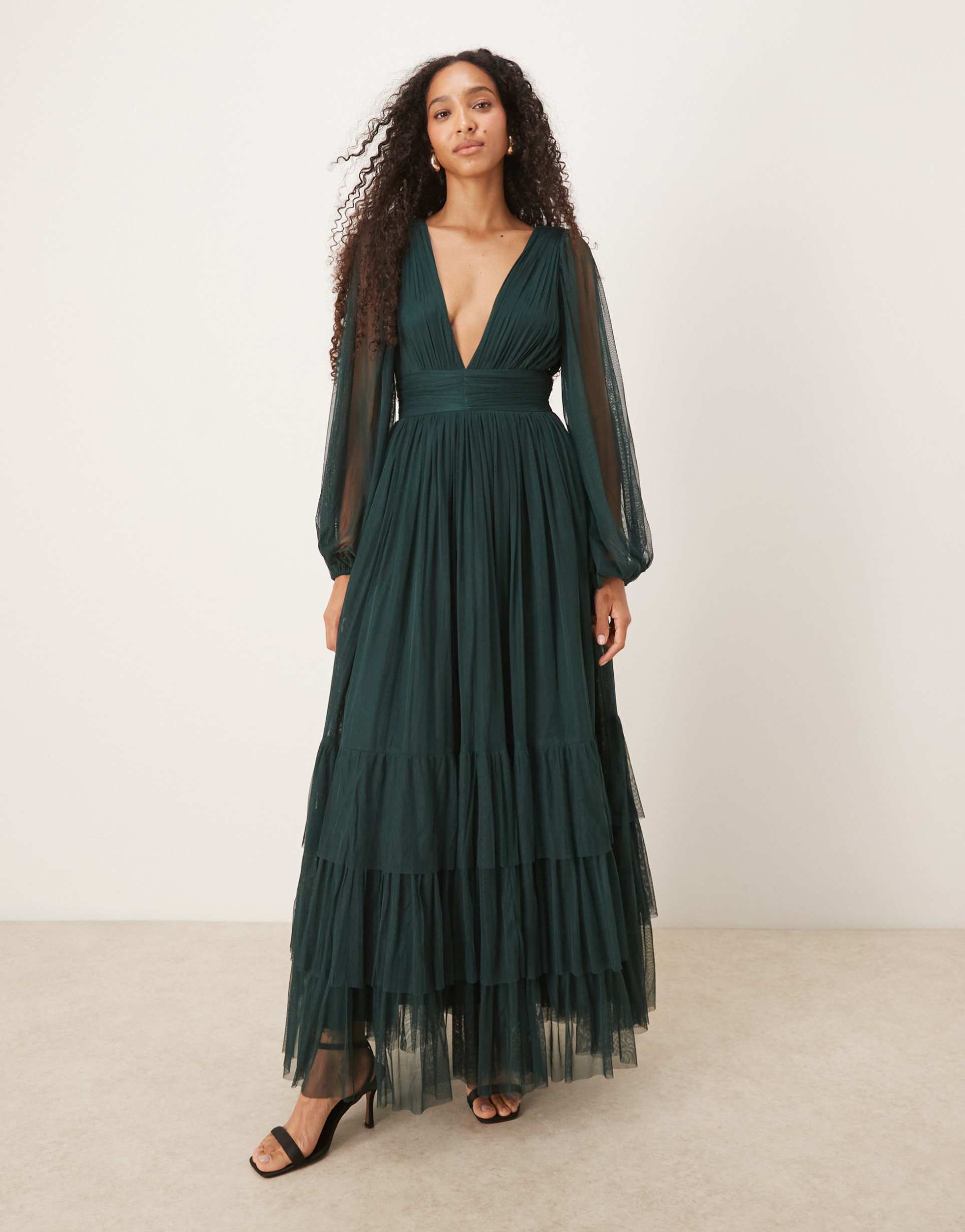 lace & beads bridesmaid long sleeve maxi dress in dark green