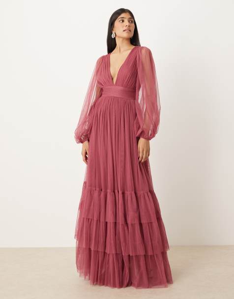Lace & Beads Bridesmaid long sleeve maxi dress in orchid - view 1