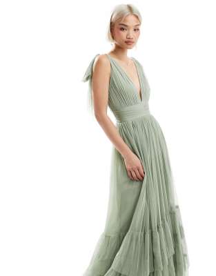 LACE & BEADS BRIDESMAID MADISON BOW SHOULDER MAXI DRESS
