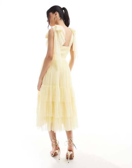 Lace & Beads Bridesmaid Madison bow shoulder midaxi dress in butter yellow, 2 of 4