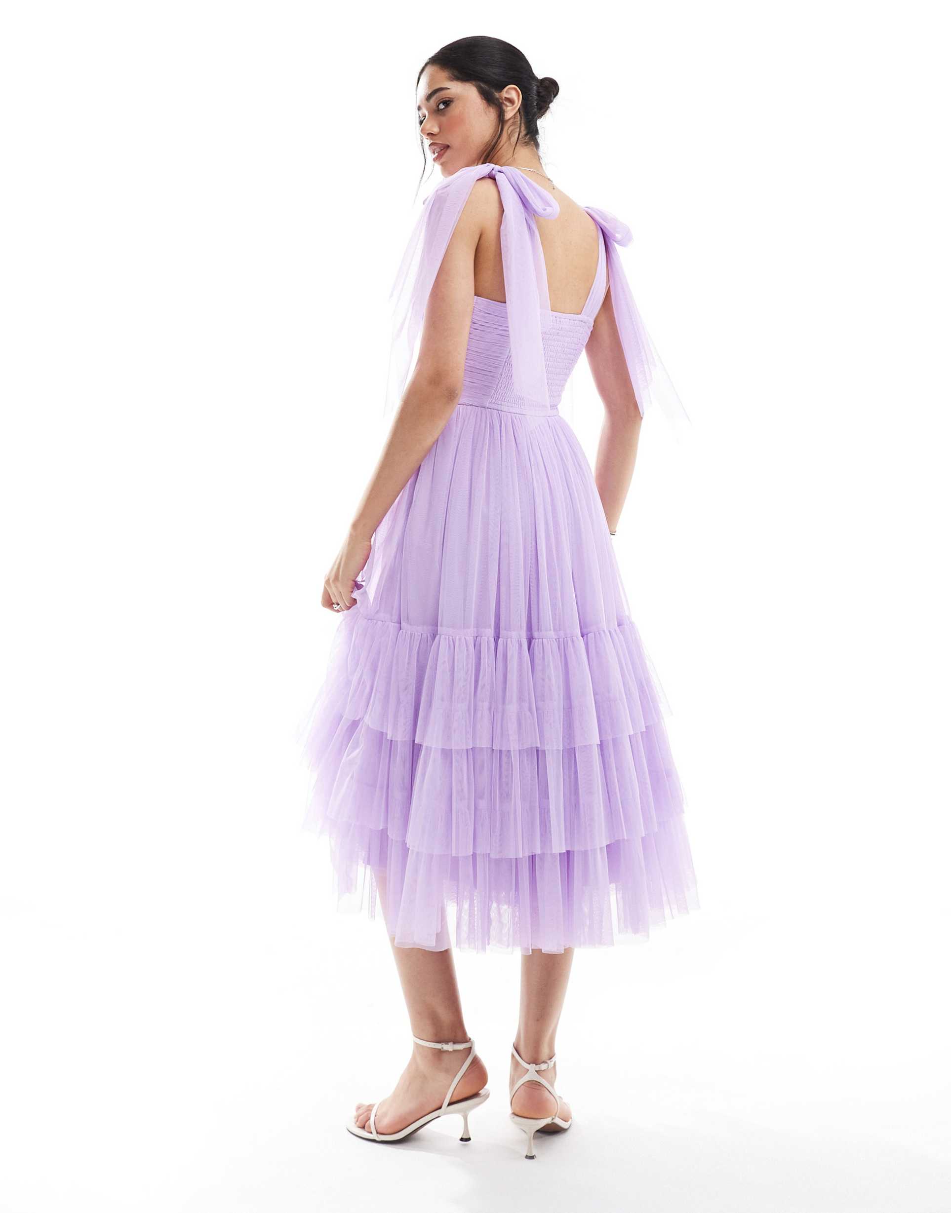 lace & beads bridesmaid madison bow shoulder midi dress in lilac
