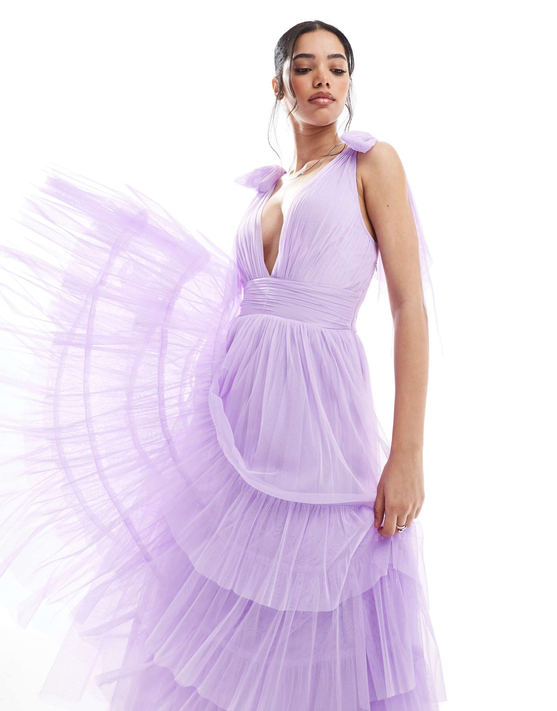 lace & beads bridesmaid madison bow shoulder midi dress in lilac