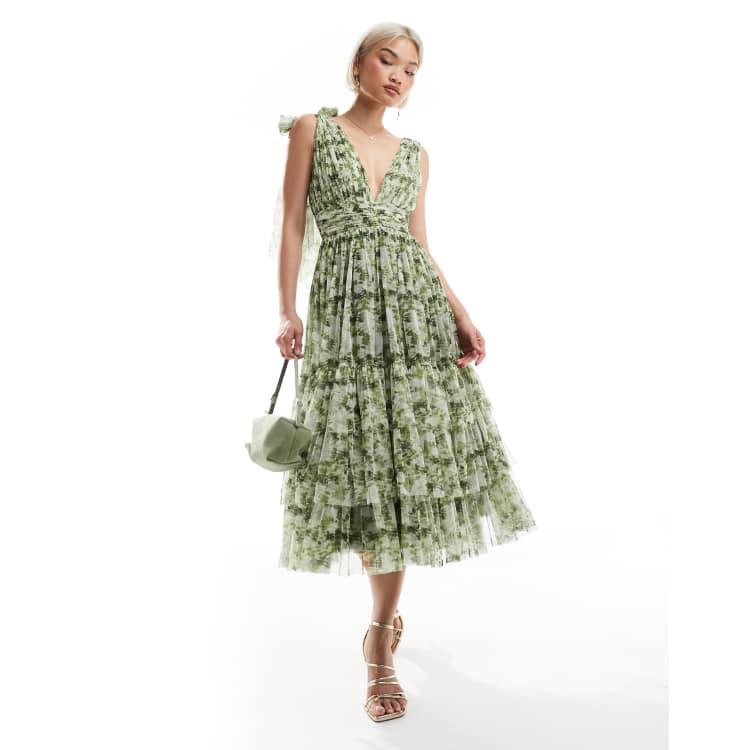 Lace & Beads Bridesmaid Madison bow shoulder midi dress in olive floral |  ASOS