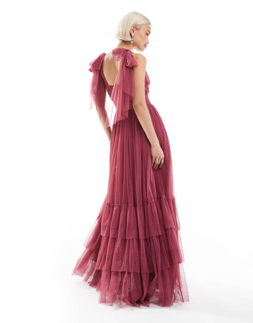Lace & Beads Bridesmaid Madison bow shoulder tiered maxi dress in orchid