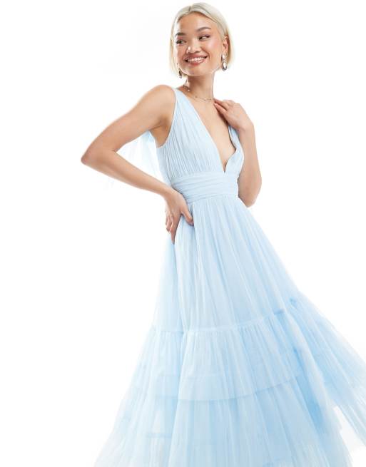 bow shoulder bridesmaid dress One Shoulder Light Blue A-line Bridesmaid Dress with Bow – FancyVestido main image 1