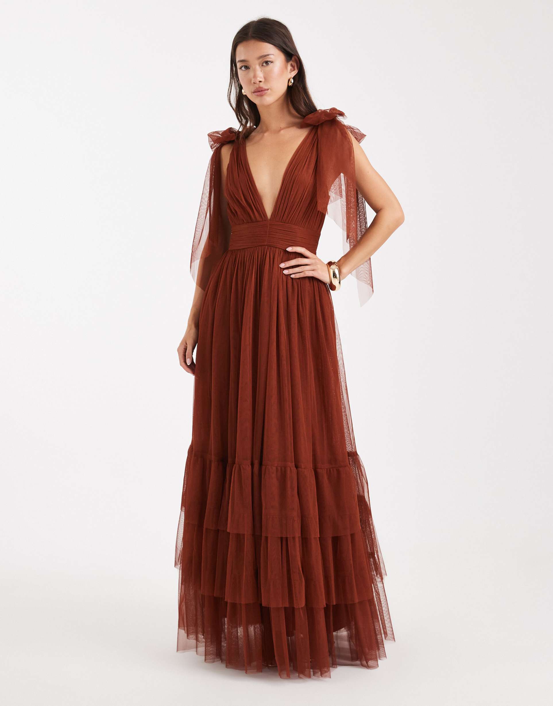 lace & beads bridesmaid madison bow shoulder tulle maxi dress in rust