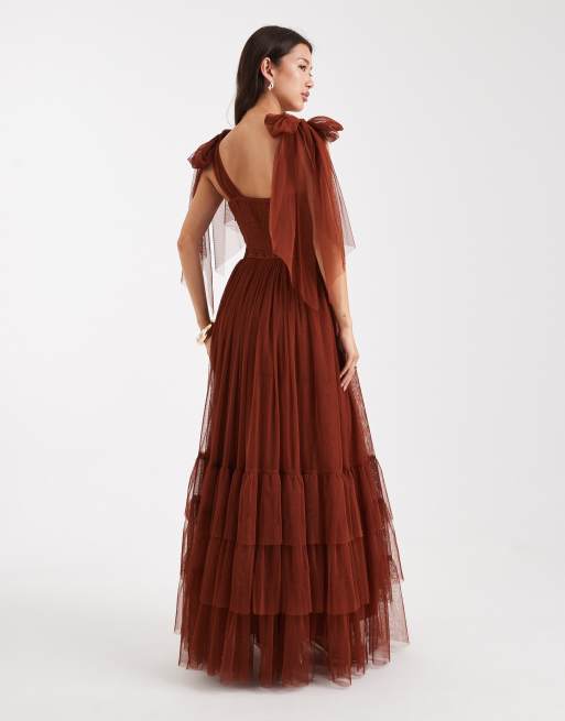 Lace & Beads Bridesmaid Madison bow shoulder tulle maxi dress in rust