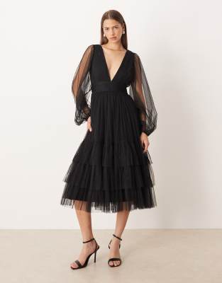 Lace & Beads Bridesmaid Madison Deep V-neck Sheer Bell Sleeve Tulle Midi Dress In Black