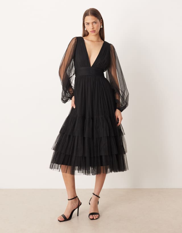 bugle bead long sleeve cocktail midi dress Lace & Beads Bridesmaid Madison deep v-neck sheer bell tulle in black Luxurious stretch velvet hugs durable material Ryn Twisted One Shoulder Womens Size:M