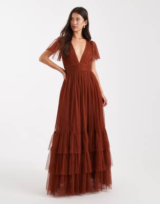 Lace & Beads Bridesmaid Madison Flutter Sleeve Maxi Dress In Brown