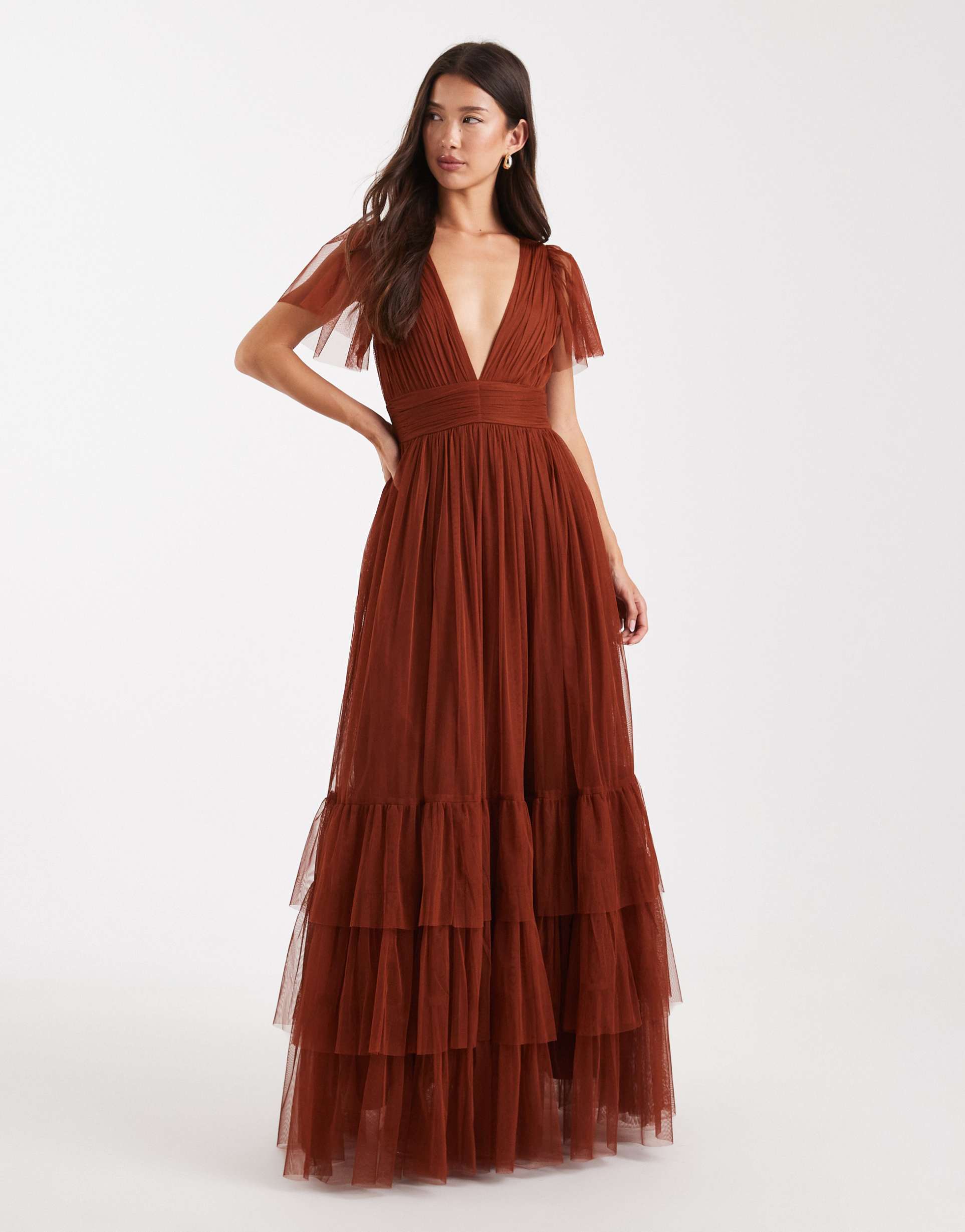 lace & beads bridesmaid madison flutter sleeve maxi dress in rust