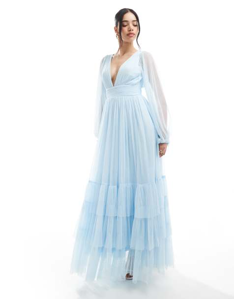 Lace & Beads Bridesmaid – Madison – Jasnoniebieska sukienka maxi z długimi rękawami dla druhny - view 1