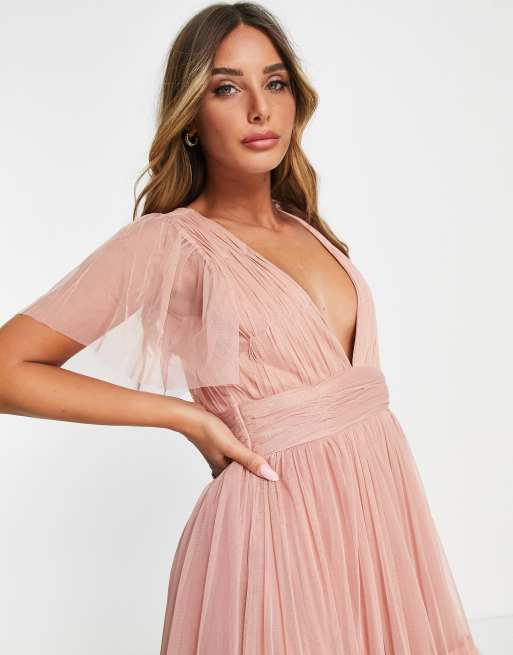 Lace & Beads - Bridesmaid Madison - Kjole i tyl med V-hals i blush-rosa, 3 af 4