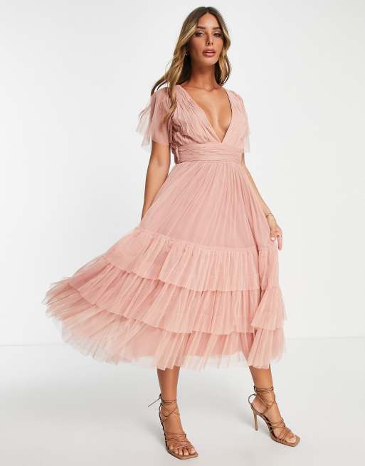 Lace & Beads - Bridesmaid Madison - Kjole i tyl med V-hals i blush-rosa, 4 af 4