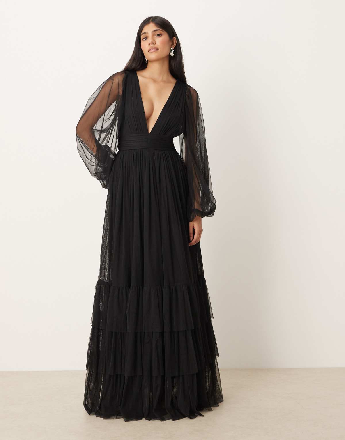 Lace & Beads Bridesmaid Madison long sleeve maxi dress in black