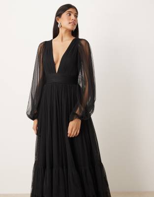 Lace & Beads Bridesmaid Madison Long Sleeve Maxi Dress In Black