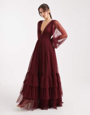 Lace & Beads Lace & Beads Bridesmaid Madison long sleeve maxi dress in burgundy-Red
