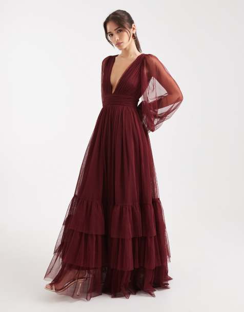Lace & Beads Bridesmaid Madison long sleeve maxi dress in burgundy - view 1