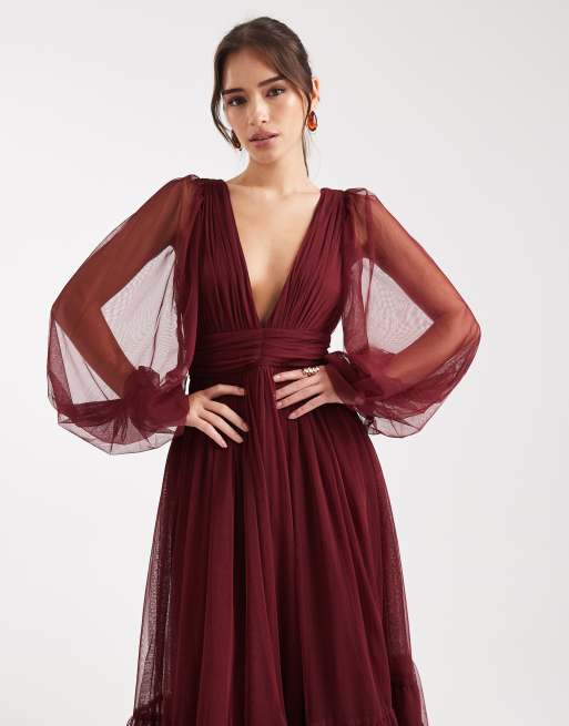 Lace & Beads Bridesmaid Madison long sleeve maxi dress in burgundy