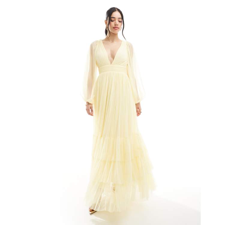 yellow bridesmaid dress with sleeves Lace & Beads Madison long sleeve maxi in butter Sherri Hill 56537 Welcome