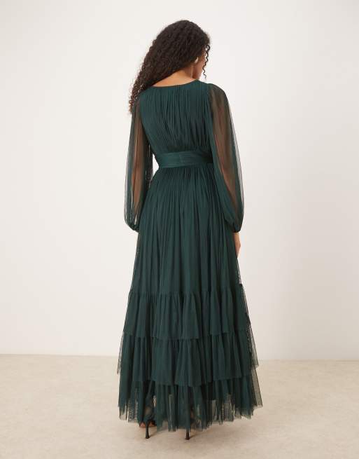 Lace & Beads Bridesmaid Madison long sleeve maxi dress in dark green