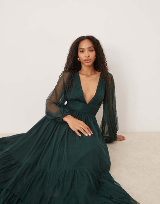Lace & Beads Bridesmaid Madison long sleeve maxi dress in dark green