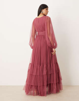 Lace & Beads Bridesmaid Madison Long Sleeve Maxi Dress In Brown