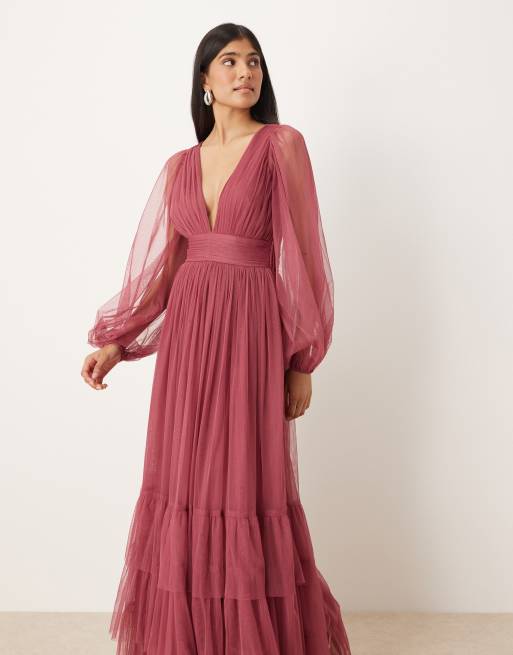 Lace & Beads Bridesmaid Madison long sleeve maxi dress in orchid
