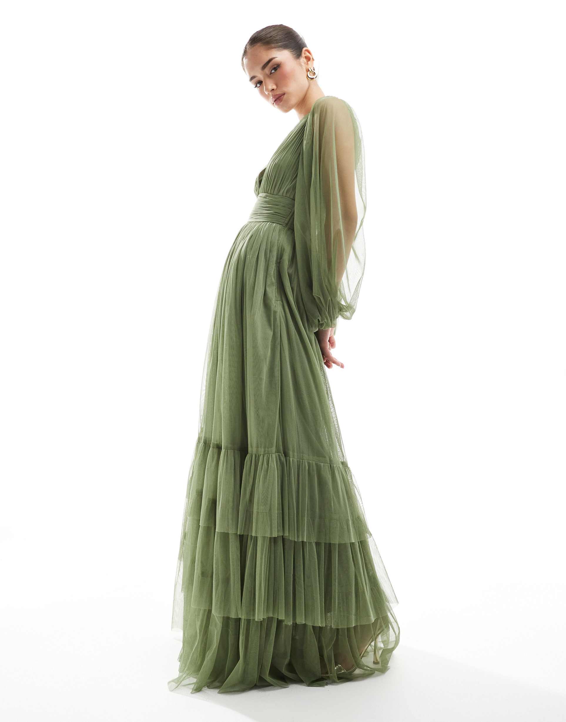 lace & beads bridesmaid madison long sleeve maxi dress in soft olive