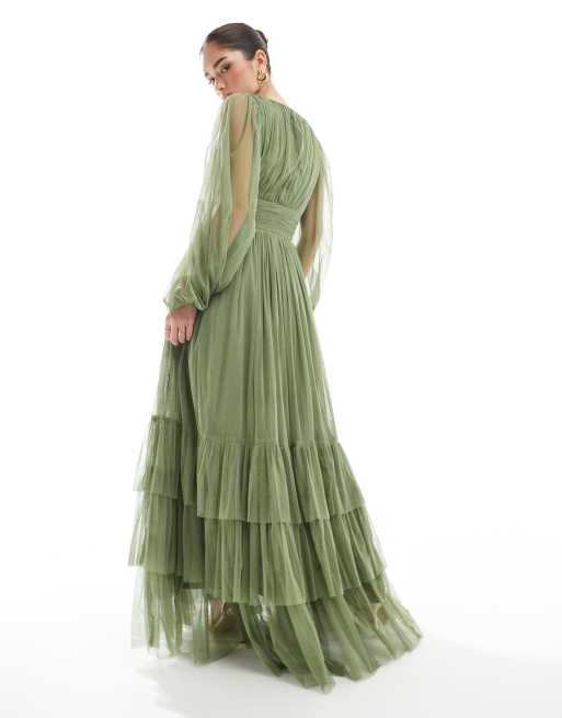 Lace & Beads Bridesmaid Madison long sleeve maxi dress in soft olive, 3 of 4