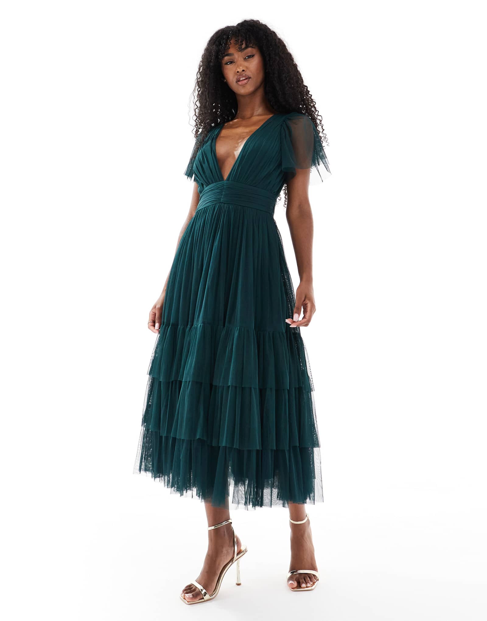 Миди-платье подружки невесты Мэдисон из кружева и бисера темно-зеленого цвета