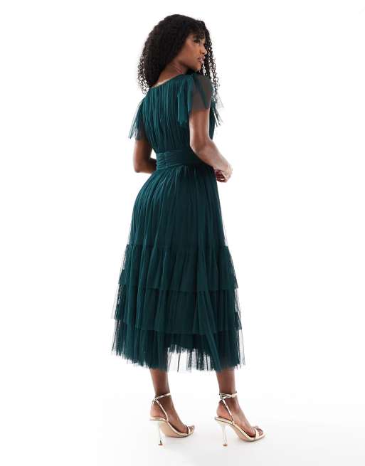 Lace & Beads Bridesmaid Madison midi dress in forest green, 3 of 4