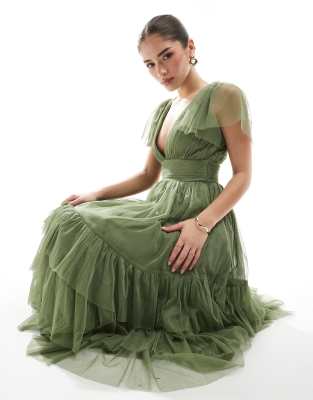 Lace & Beads Bridesmaid Madison V-neck Tulle Midi Dress In Soft Olive-green In Green