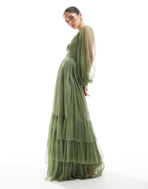 Lace & Beads Bridesmaid Madison long sleeve maxi dress in soft olive