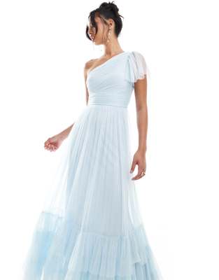 Bridesmaid Madison one-shoulder tulle maxi dress in sky blue