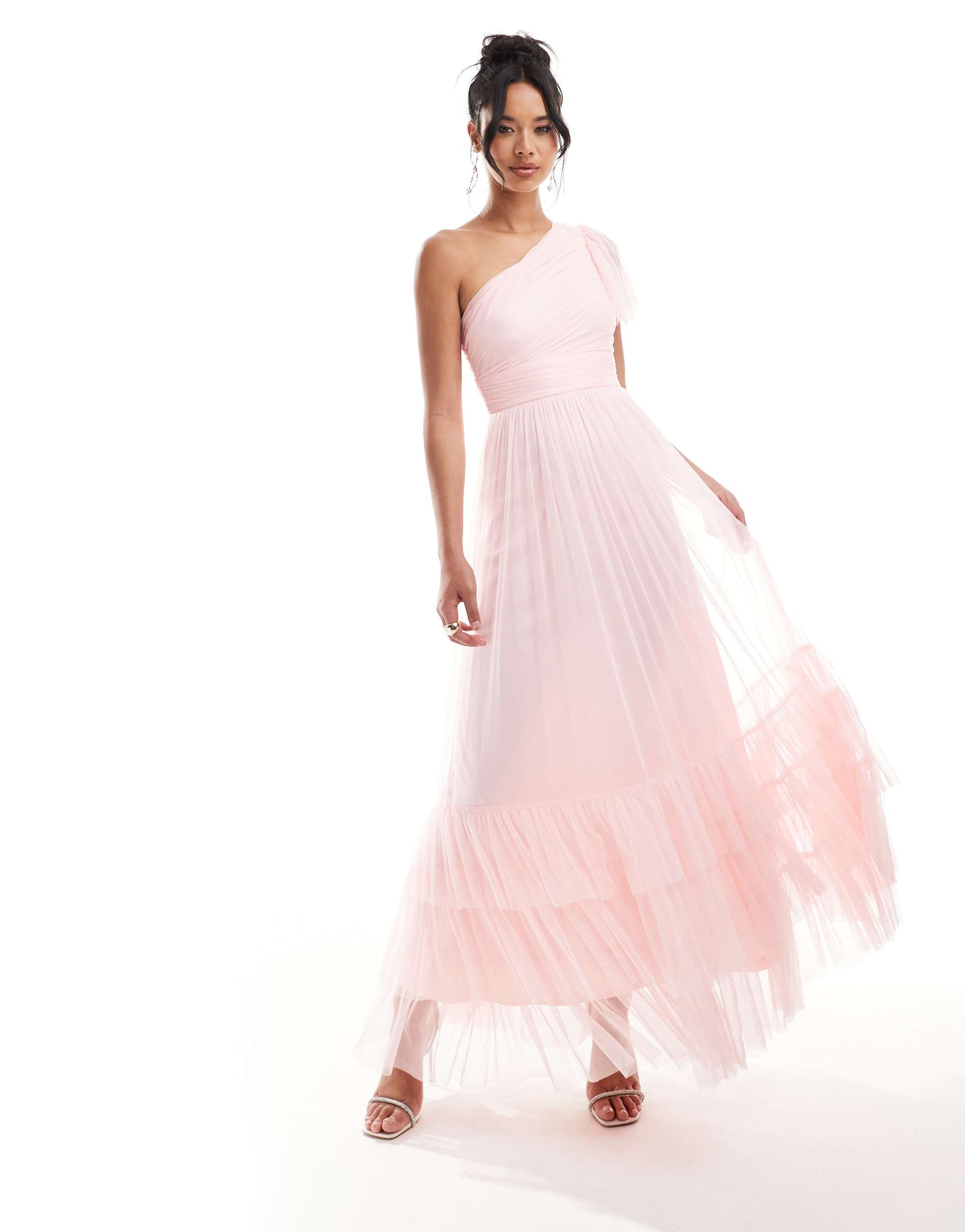 lace & beads bridesmaid madison one-shoulder tulle maxi dress in soft pink