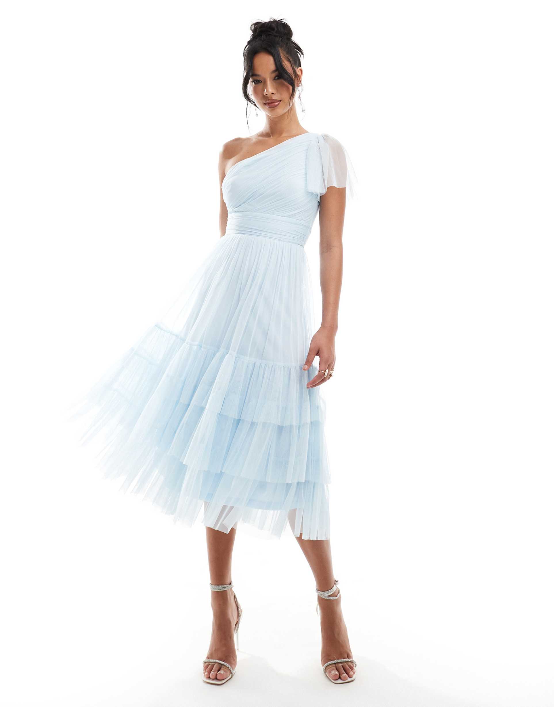 lace & beads bridesmaid madison one-shoulder tulle midi dress in sky blue