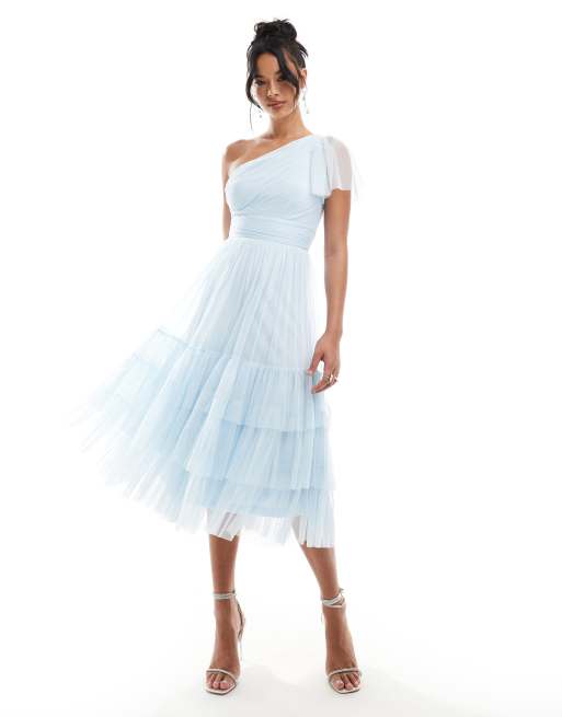 Lace & Beads Bridesmaid Madison one shoulder tulle midi dress in sky blue