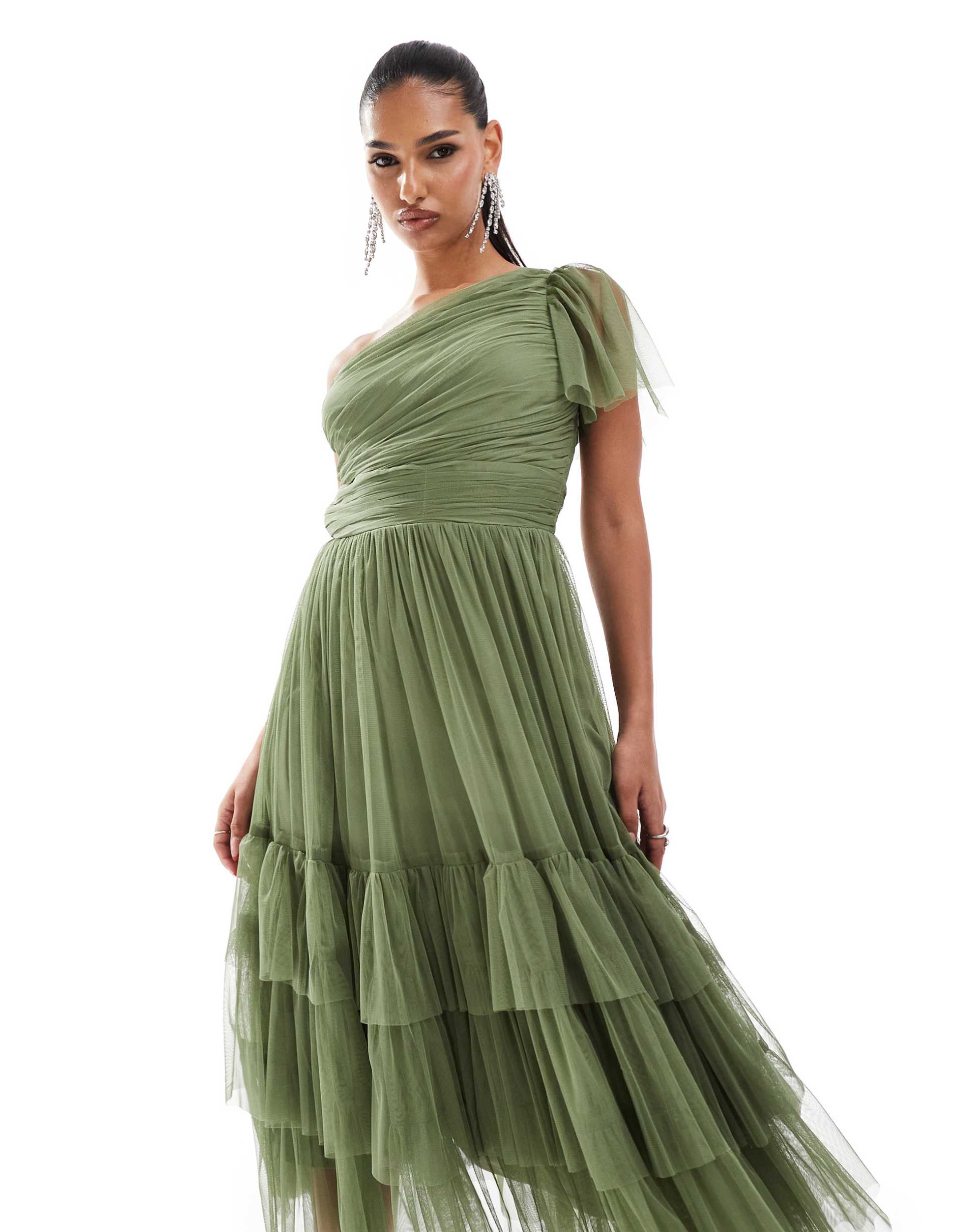 lace & beads bridesmaid madison one shoulder tulle midi dress in soft olive