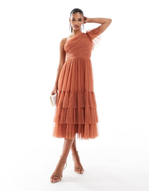 Lace & Beads Bridesmaid Madison one shoulder tulle midi dress in terracotta rose - view 1