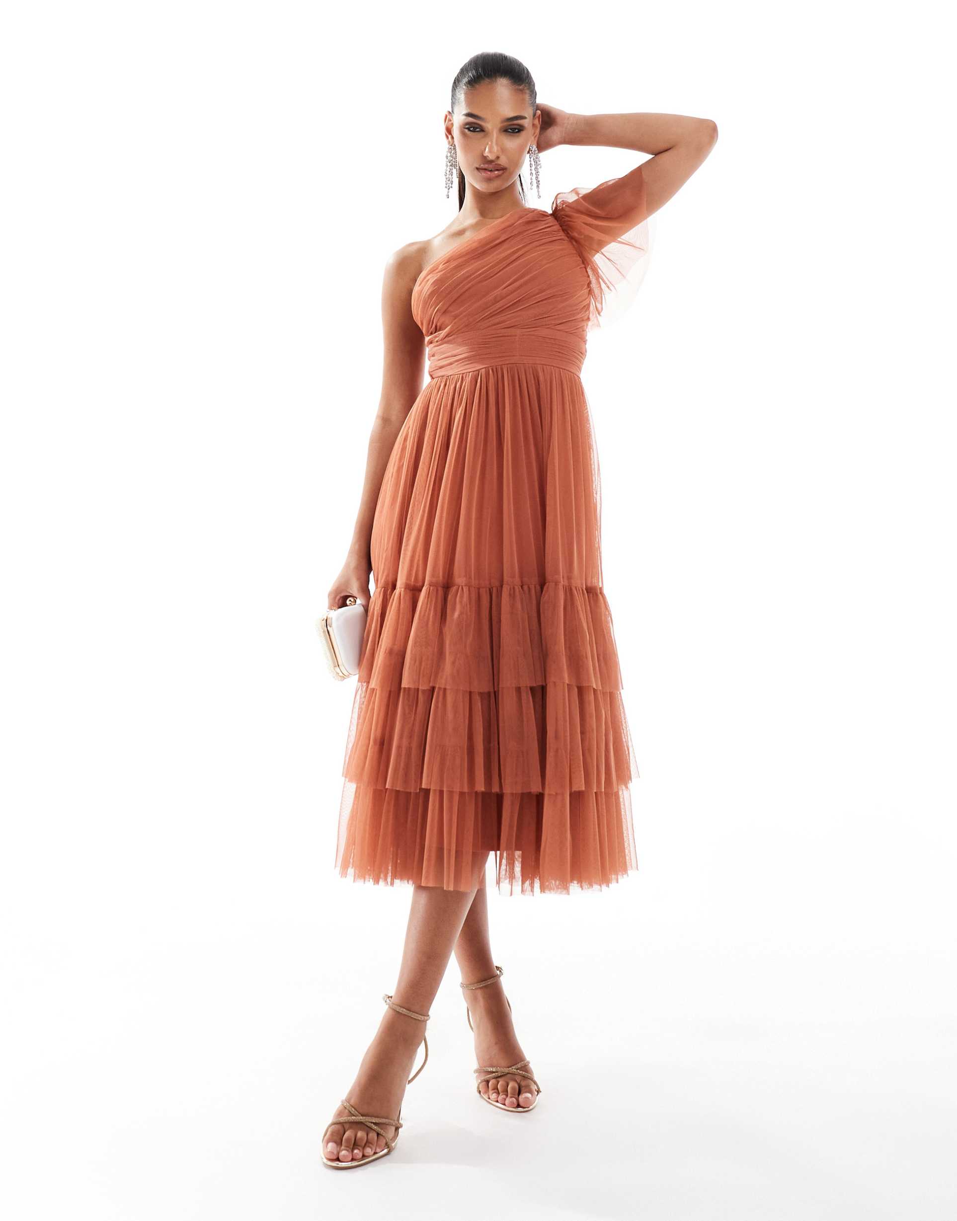 lace & beads bridesmaid madison one shoulder tulle midi dress in terracotta rose