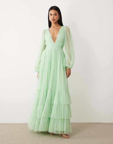 Lace & Beads Bridesmaid Madison smocked plunge neck sheer sleeve maxi dress in light sage - view 1