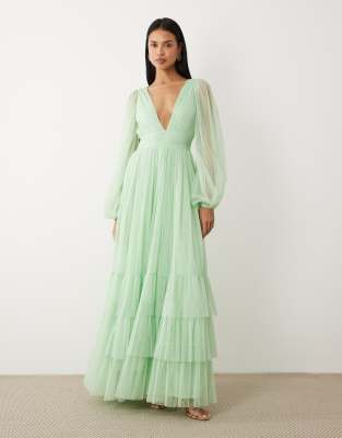 Lace & Beads Bridesmaid Madison smocked plunge neck sheer sleeves maxi dress in light sage