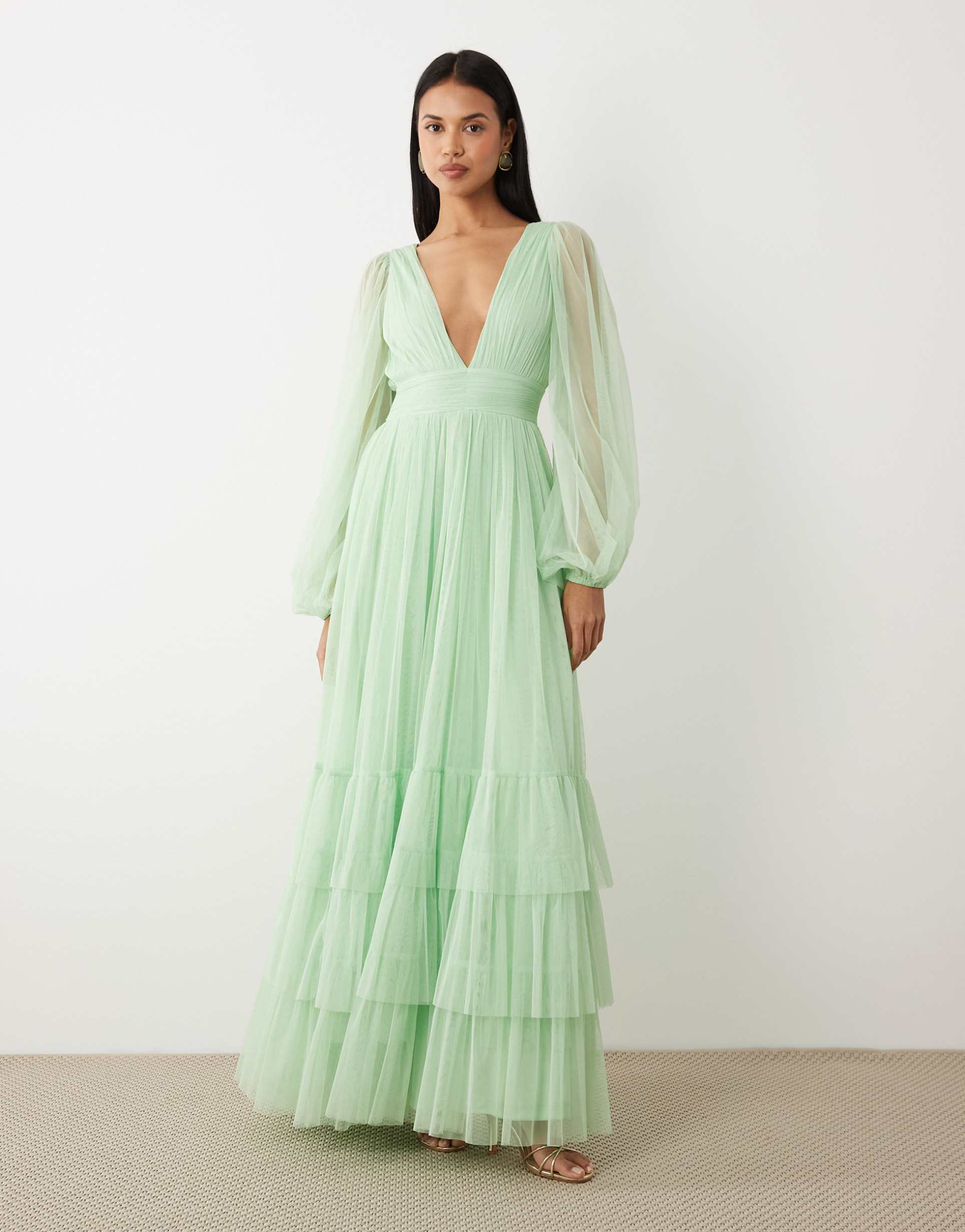 lace & beads bridesmaid madison smocked plunge neck sheer sleeves maxi dress in light sage