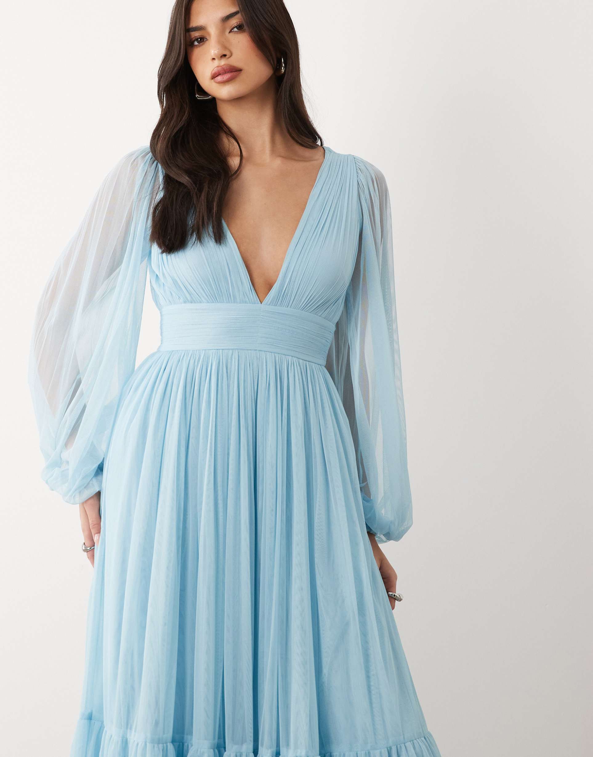 lace & beads bridesmaid madison smocked plunge neck sheer sleeves maxi dress in soft blue
