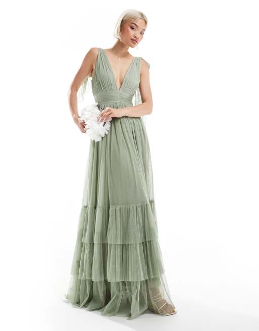 Lace & Beads Bridesmaid – Madison – Sukienka maxi z kokardkami na ramionach w zgaszonym szałwiowym kolorze