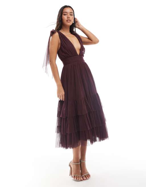 Lace & Beads Bridesmaid Madison tulle bow shoulder v neck midi dress in plum