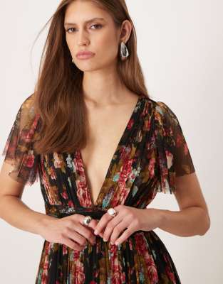 Lace & Beads Bridesmaid Madison Tulle Flutter Sleeve Deep V Maxi Dress In Black