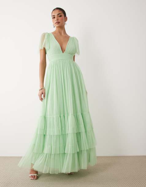 Lace & Beads Bridesmaid Madison tulle smocked flutter sleeve tiered maxi dress in light sage - view 1